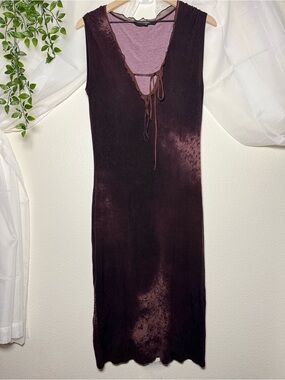 Vintage Guess Collection Brown Sleeveless Midi Dress with Lace-Up Detail Ruffles